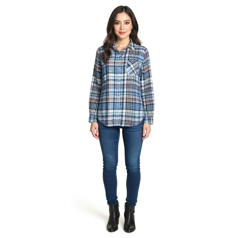 Eddie Bauer Womens medium Flannel Shirt Classic‎ Fit Plaid Pink Blue Long Sleeve